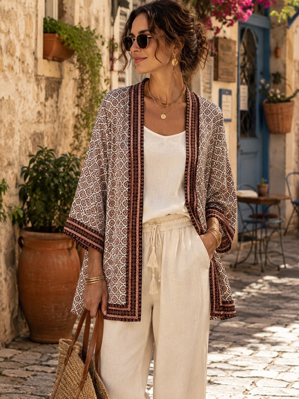 MAX STUDIO Women's Multicolored Boho Geometric Open-Front Kimono Cardigan L